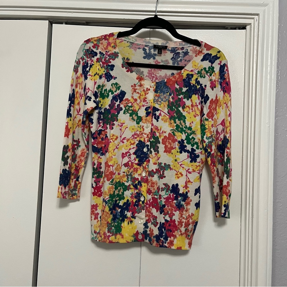 Talbots‎ Petites Floral Print 3/4 Sleeve Button Front Cardigan Sweater